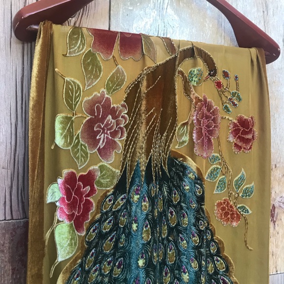 Shanak Accessories - Beaded Peacock Silk and Velvet Shawl
